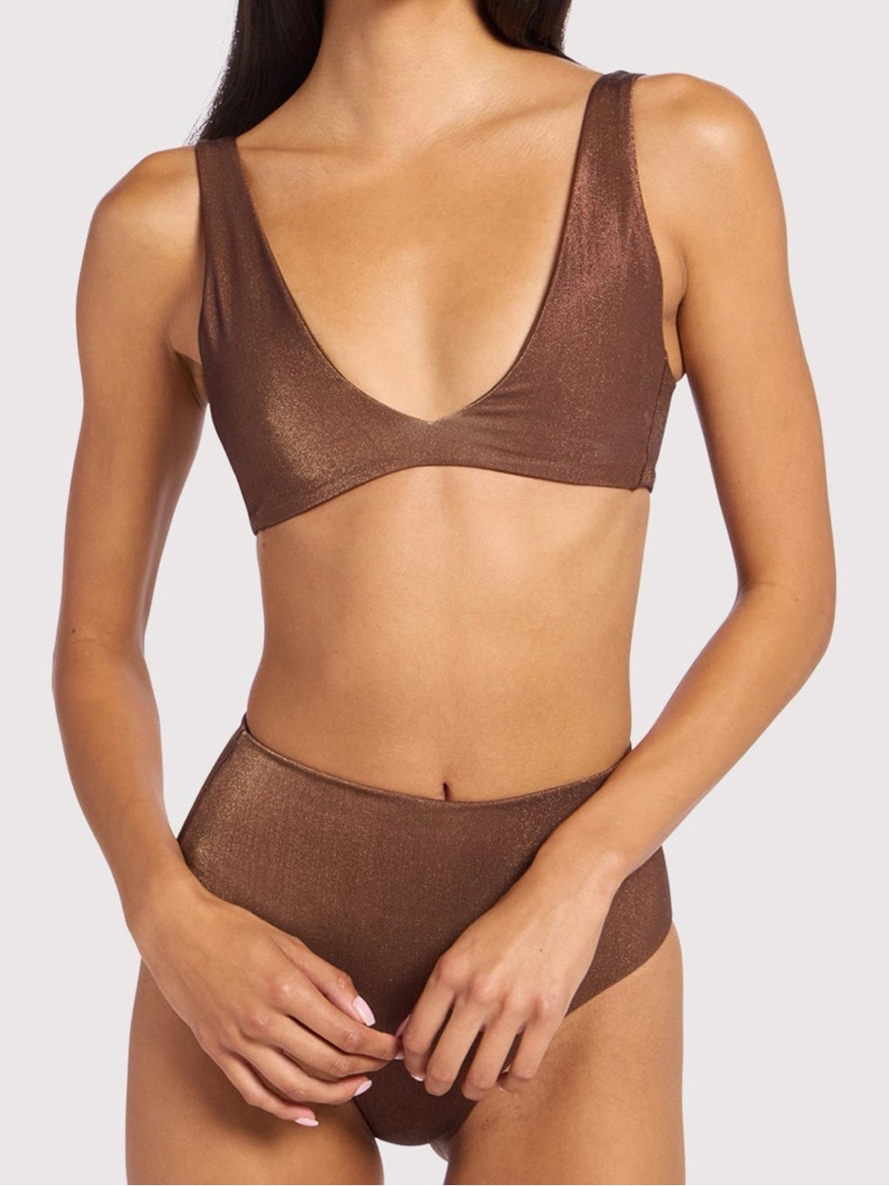 NuudS Shimmery Plunge Metallic Copper Brown Woman’s Bikini Top Size Large